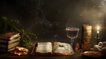 A captivating image depicting a mystical scene with aged books, herbs, and a lit candle, creating an atmosphere of magic and mystery.の写真素材
