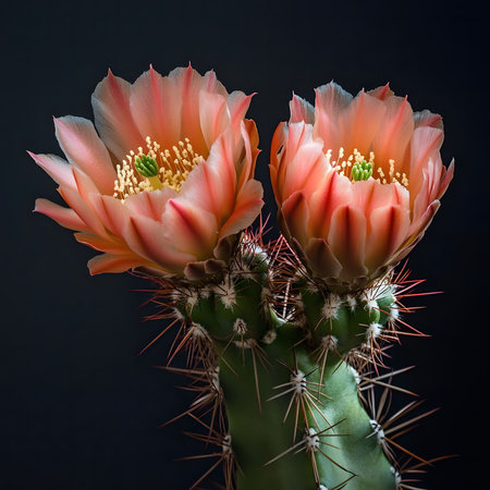 Two vibrant cactus flowers in full bloom, showing intricate details. Close-up shot, detailed petals and thorns.の写真素材