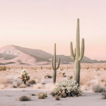 Pink sunset over Arizona's Sonoran Desert, showcasing majestic saguaro cacti silhouetted against the...
