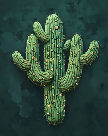 A stunning 3D rendering of a unique desert cactus. Its intricate details, vibrant green color, and gold accents stand out against a dark teal backgroundの写真素材
