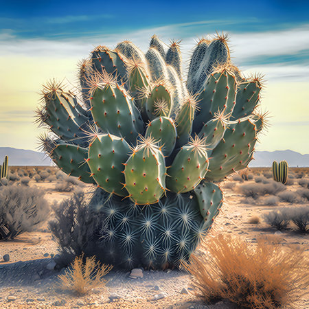A stunning prickly pear cactus dominates the frame, bathed in the warm glow of the setting sun...