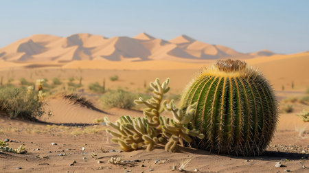 A large barrel cactus dominates the foreground, set against a backdrop of vast golden sand dunes. The scene captures the resilience of desert life.の写真素材