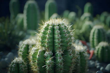 A detailed close-up shot of a vibrant green cactus in a desert environment. The image showcases the plant's sharp spines and intricate textures.の写真素材