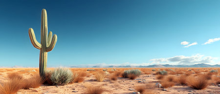 A lone saguaro cactus stands tall in the vast Arizona desert, bathed in sunlight against a vibrant...