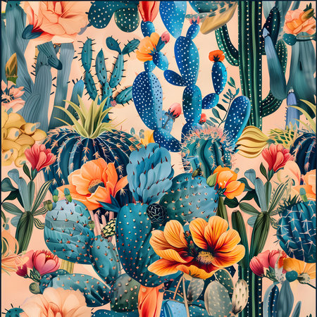 A vibrant illustration showing a diverse array of cacti and desert flowers in full bloom. The rich colors and intricate details create a stunning visual experience.の写真素材