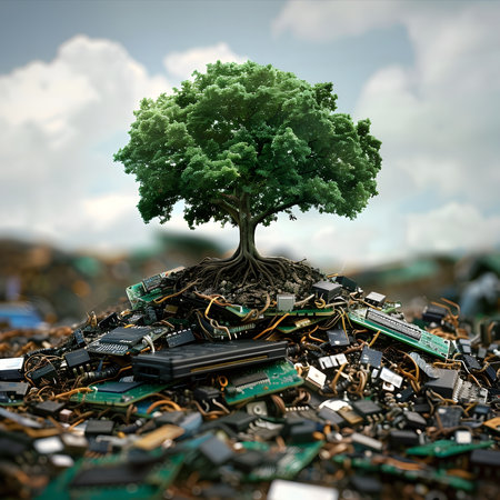 A lush tree sprouts from a pile of electronic waste, symbolizing the potential for environmental regeneration and sustainable technology.の写真素材