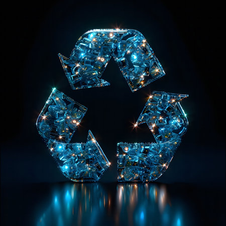 A futuristic, glowing recycle symbol, showcasing sustainability and technology.の写真素材