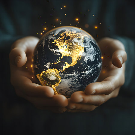 A pair of hands carefully cradles the Earth, highlighting our collective duty to protect it.の写真素材