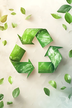 Green recycling symbol with leaves illustrating eco-conscious living.の写真素材