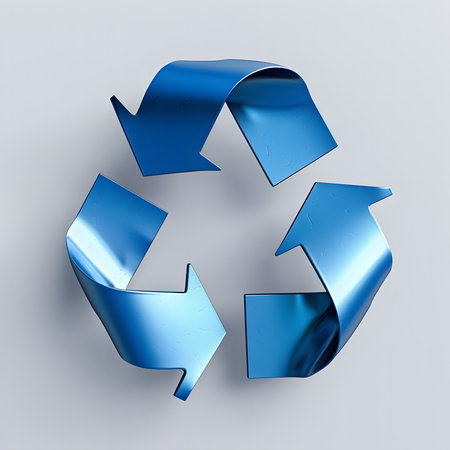 3D render of a blue recycling symbol against a white background. Represents sustainability and environmental consciousness.の写真素材