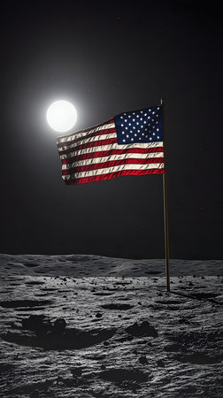 An American flag planted on the moon's surface, illuminated by a bright full moon. A symbolic image of exploration and national pride.の写真素材