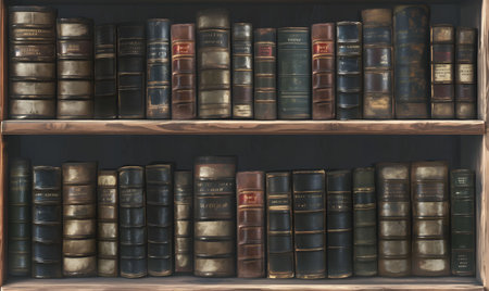 A captivating image of an antique wooden bookshelf filled with numerous aged, vintage books, creating a sense of history and classic literature.の写真素材
