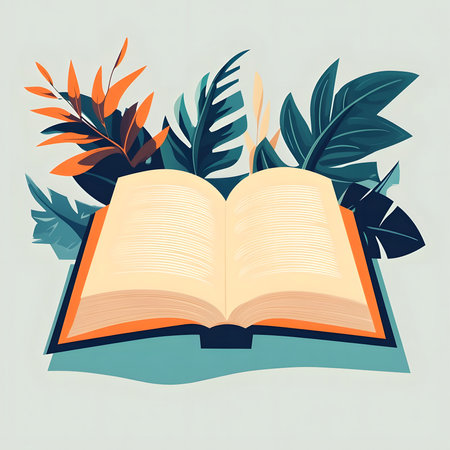 An open book rests amidst vibrant tropical leaves, suggesting themes of reading, knowledge, and the beauty of nature.の写真素材