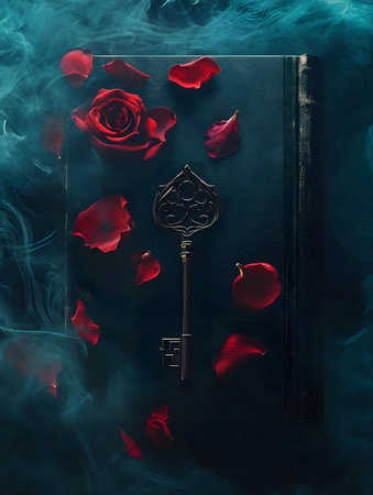 A dark, mysterious image of an ornate key resting on an old book, surrounded by red rose petals and ethereal smoke. A tale of hidden romance is suggested.の写真素材