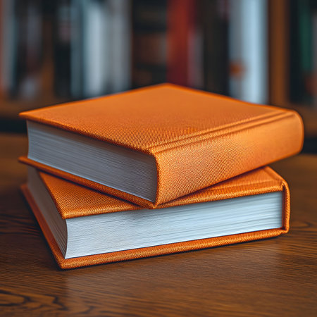 Two orange books are neatly stacked on a wooden table. The books have a textured cover and look new.の写真素材