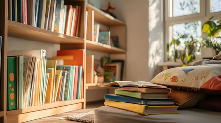 A sunny room with bookshelves and a stack of books near a comfy bed. Peaceful atmosphere.の写真素材