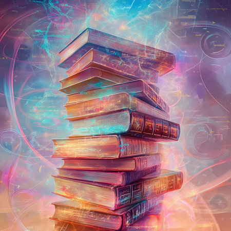 A mystical image of a tall stack of old books, bathed in vibrant, ethereal light. The books seem to radiate power and knowledge.の写真素材