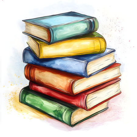 A vibrant watercolor painting of a stack of books, representing knowledge and education.の写真素材