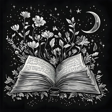 An open book, blooming with flowers under a crescent moon and starry night. A magical illustration of fantasy and literature.の写真素材