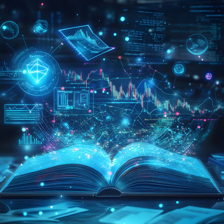 An open book glowing with digital data, charts, and graphs, representing the future of knowledge and...