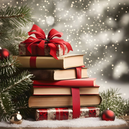 A stack of books adorned with Christmas gifts sits under a snowy tree. Festive and joyful.の写真素材