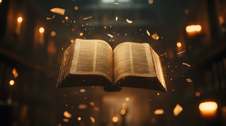 An ancient book floats mysteriously, surrounded by magical particles. Golden light illuminates the pages.の写真素材