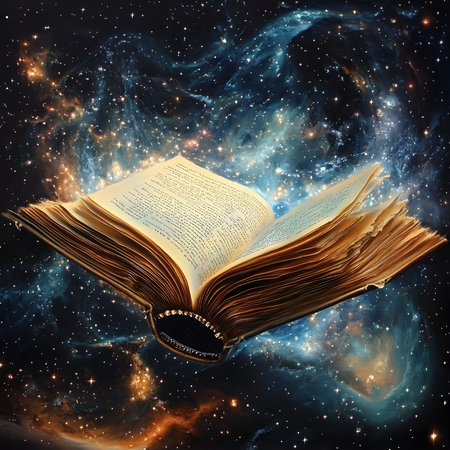 An open book floats in space, surrounded by stars and nebulae. This image evokes feelings of wonder, knowledge, and cosmic exploration.の写真素材