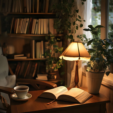 A captivating scene of a peaceful evening spent reading by the warm glow of a lamp in a cozy home library.の写真素材