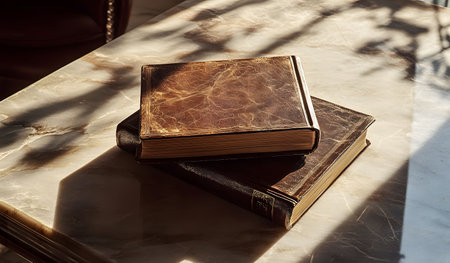 Two antique leather-bound books rest on a marble table, bathed in sunlight. A still life of old...