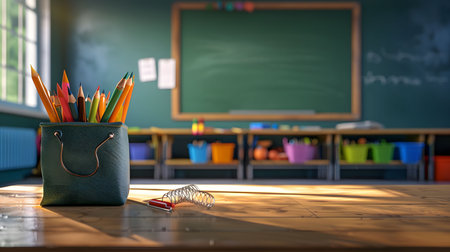 A vibrant classroom setting with colorful pencils and a spring toy on a wooden desk. A green blackboard is in the background, creating a cheerful and inviting atmosphereの写真素材