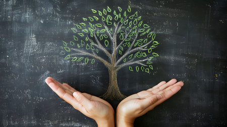 A chalk drawing of a tree rests gently in two hands, symbolizing environmental care.の写真素材