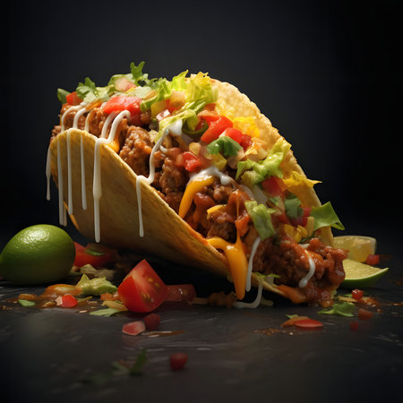 A mouthwatering close-up of a single taco brimming with seasoned ground beef, vibrant toppings, and a creamy sauce.の写真素材