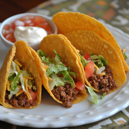 Three crunchy tacos filled with seasoned ground beef, fresh lettuce, tomatoes, and cheese. Served with salsa and sour cream.の写真素材