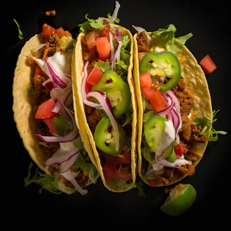 Three delicious tacos filled with seasoned ground beef, fresh tomatoes, red onions, jalapenos, cilantro, and a dollop of sour cream.の写真素材