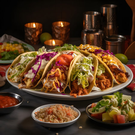 An assortment of mouthwatering tacos, each with unique toppings, served on a large plate with various sides. A perfect culinary experienceの写真素材