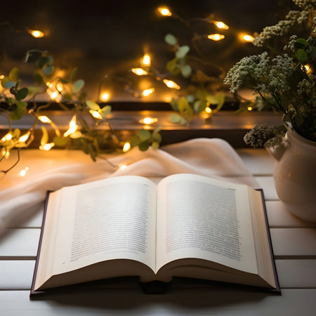 An open book rests on a white table, illuminated by warm fairy lights. A peaceful and cozy...