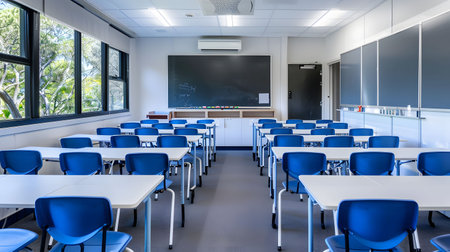 A modern, empty classroom ready for students. White desks and blue chairs fill the bright room.