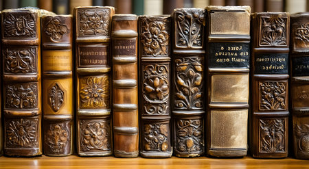 A row of antique leather-bound books with ornate designs. A testament is history and literature.