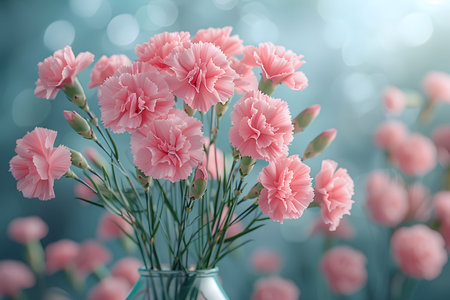 A captivating image of pink carnations arranged in a glass vase. Soft lighting and a blurred background enhance their delicate beauty.の写真素材