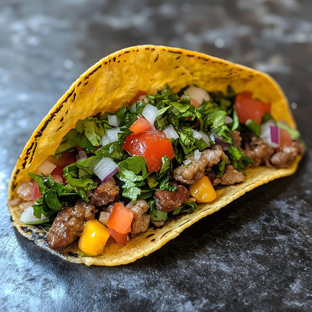 A close-up of a single taco filled with seasoned ground beef, fresh cilantro, diced tomatoes, and onions. The taco shell is golden yellow and crispy.の写真素材