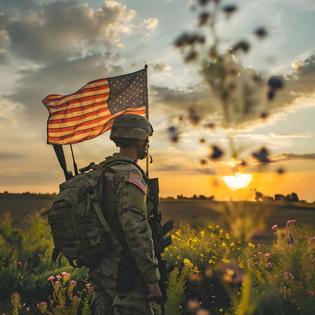 A lone soldier stands silhouetted against a vibrant sunset, holding a flag. The scene evokes feelings of patriotism and reflection.の写真素材