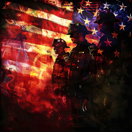 Powerful image of firefighters and police officers against an American flag. Symbolizes courage and...