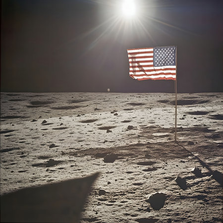 An American flag stands alone on the Moon's desolate surface, a powerful image of space exploration.