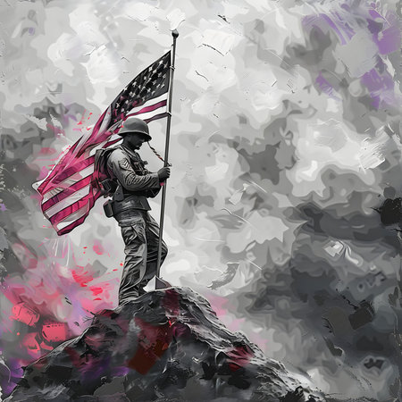 A grayscale image of a soldier standing on a mountain, holding an American flag. Symbolizing patriotism, sacrifice, and military service.の写真素材