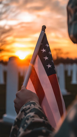 A soldier holds the American flag at sunset, a powerful image of patriotism and remembrance.