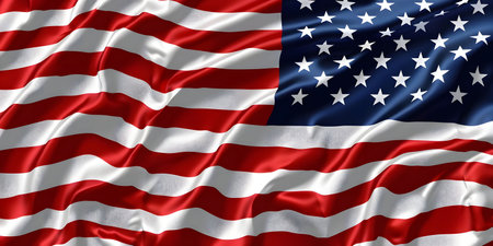 Close-up view of a waving American flag, showing its vibrant colors and texture.