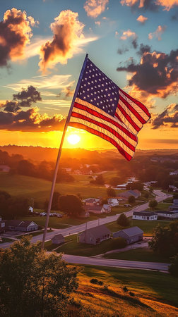 A majestic American flag waves proudly against a breathtaking sunset over a serene rural landscape.の写真素材