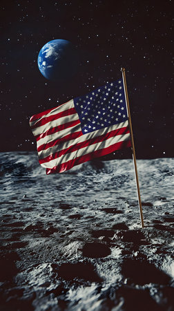 American flag on the moon, Earth in the background. Space exploration, national pride.の写真素材