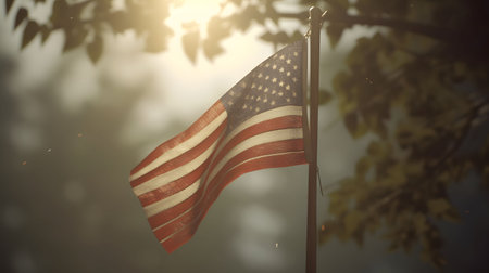 A weathered American flag gently waving in the sun's rays, showing patriotism and national pride.