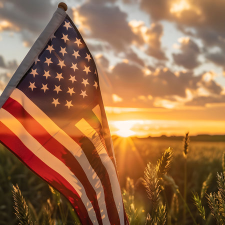 Flag waving at sunset, showcasing peace.の写真素材